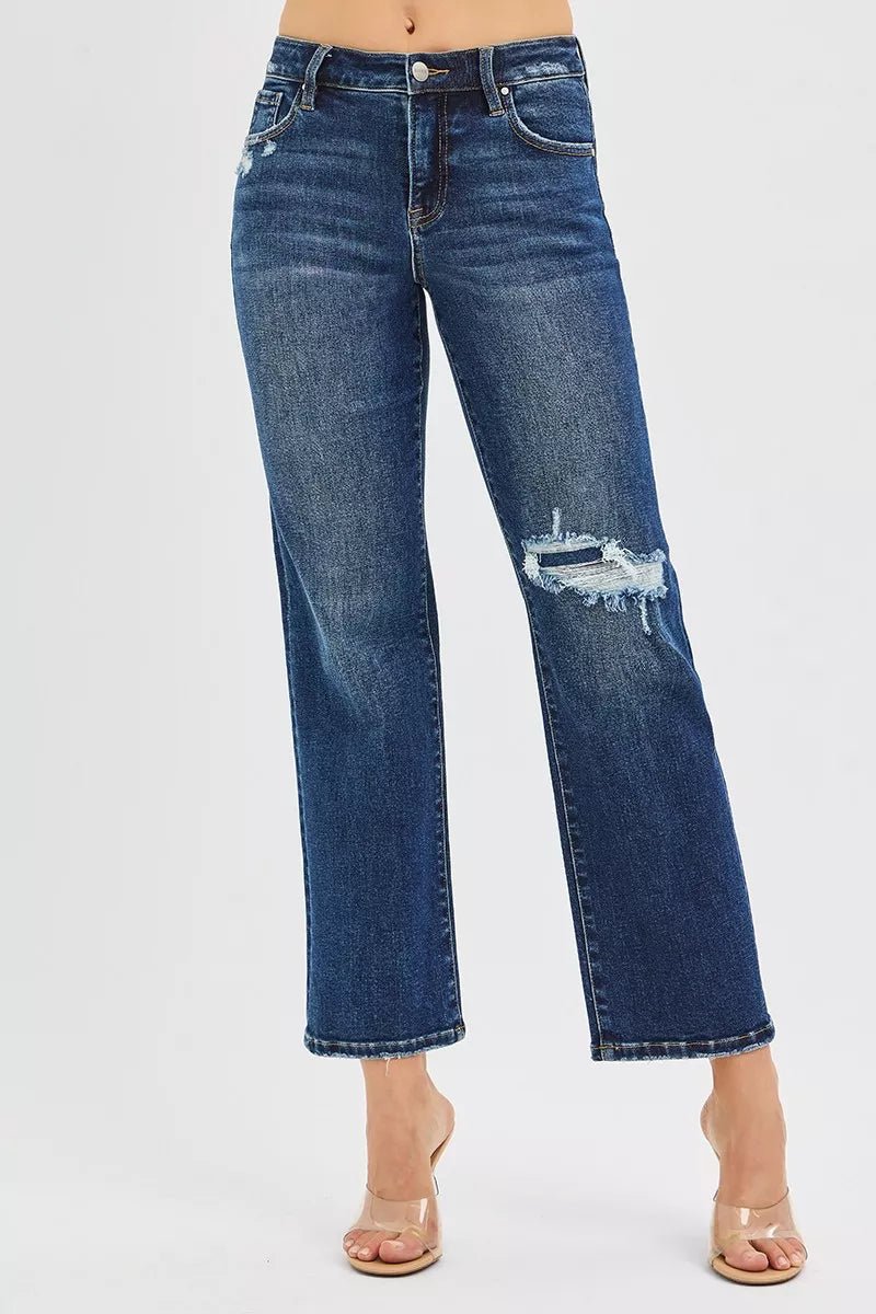 RISEN High Rise Crop Slim Straight Jenas with Hidden Knee Patch - Blu Lotus Boutique