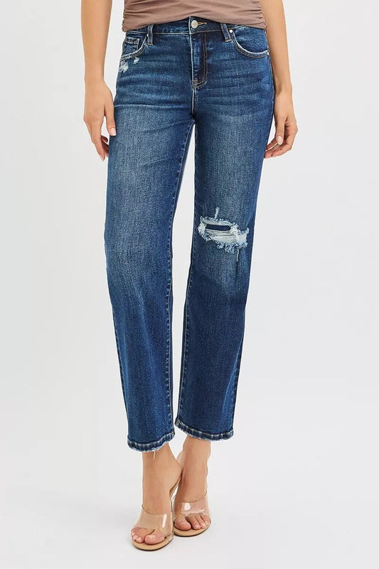 RISEN High Rise Crop Slim Straight Jenas with Hidden Knee Patch - Blu Lotus Boutique