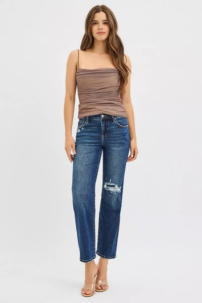RISEN High Rise Crop Slim Straight Jenas with Hidden Knee Patch - Blu Lotus Boutique
