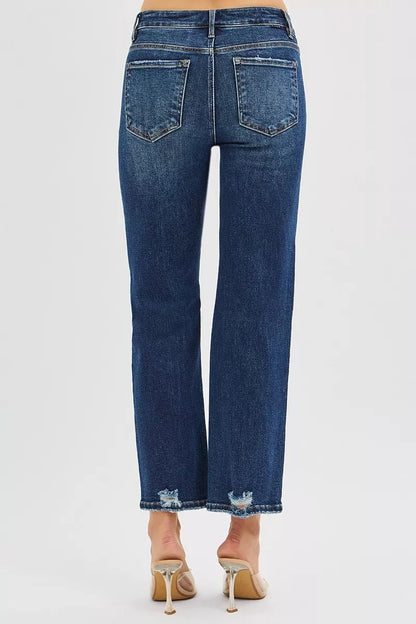 RISEN High Rise Crop Slim Straight Jenas with Hidden Knee Patch - Blu Lotus Boutique