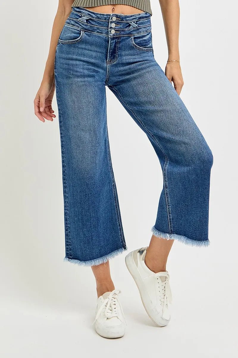 RISEN High Rise Crop Wide Leg Jeans with Wide Band Detail - Blu Lotus Boutique