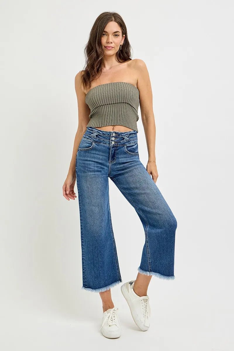 RISEN High Rise Crop Wide Leg Jeans with Wide Band Detail - Blu Lotus Boutique