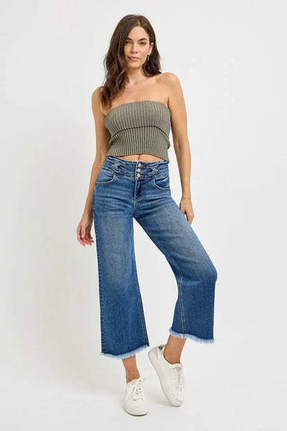 RISEN High Rise Crop Wide Leg Jeans with Wide Band Detail - Blu Lotus Boutique