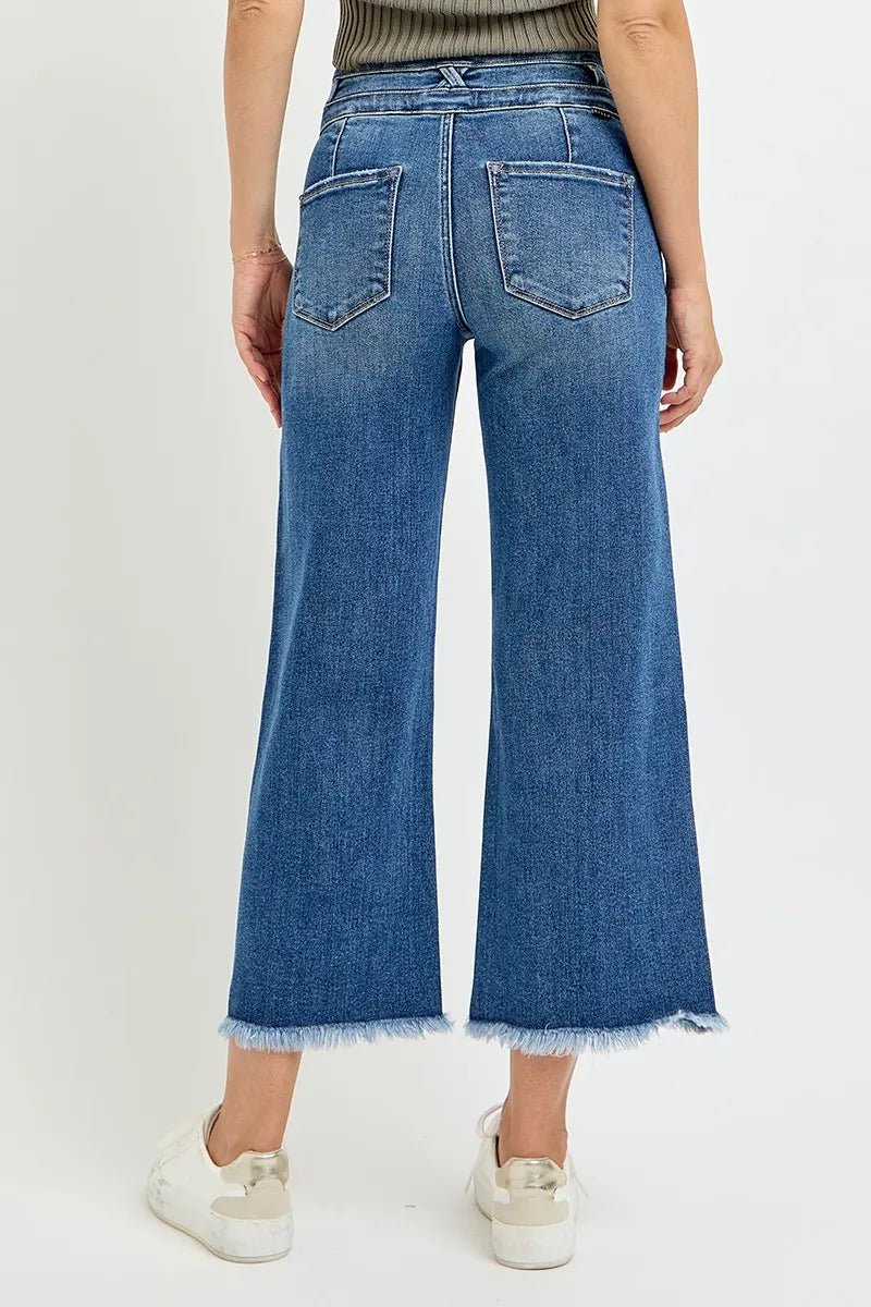 RISEN High Rise Crop Wide Leg Jeans with Wide Band Detail - Blu Lotus Boutique