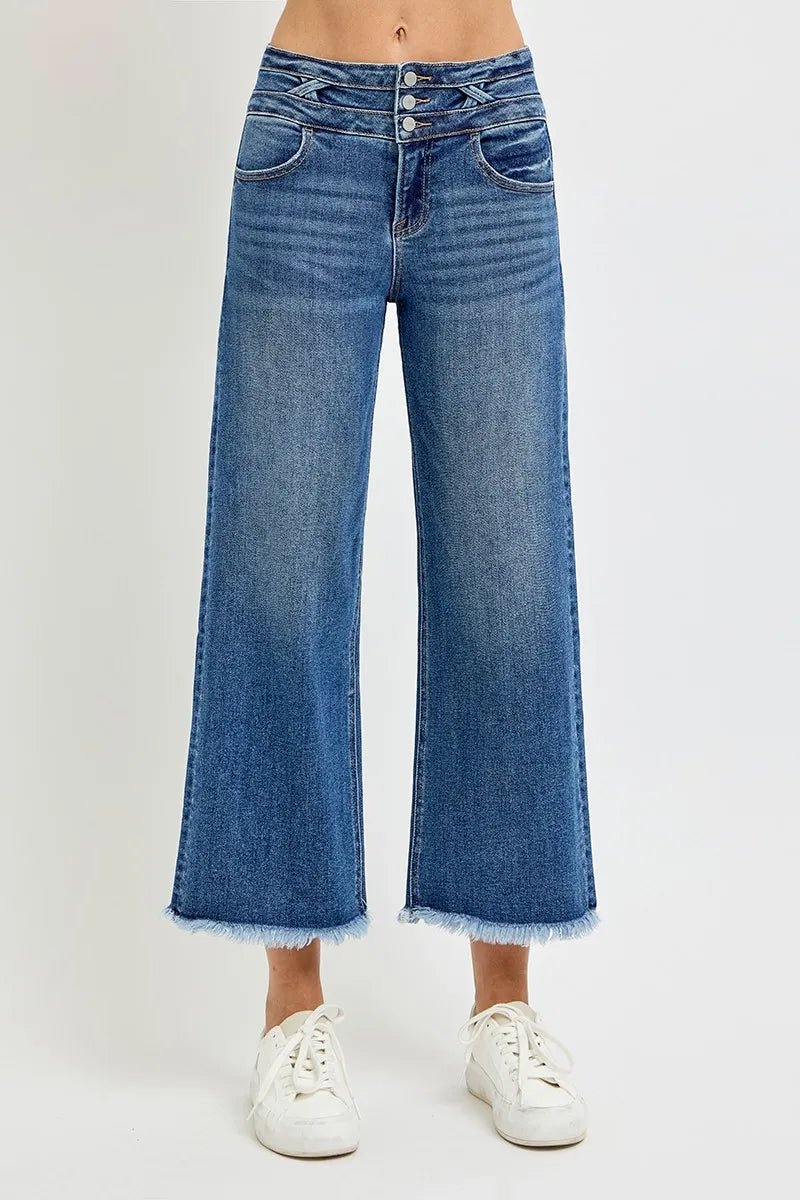 RISEN High Rise Crop Wide Leg Jeans with Wide Band Detail - Blu Lotus Boutique