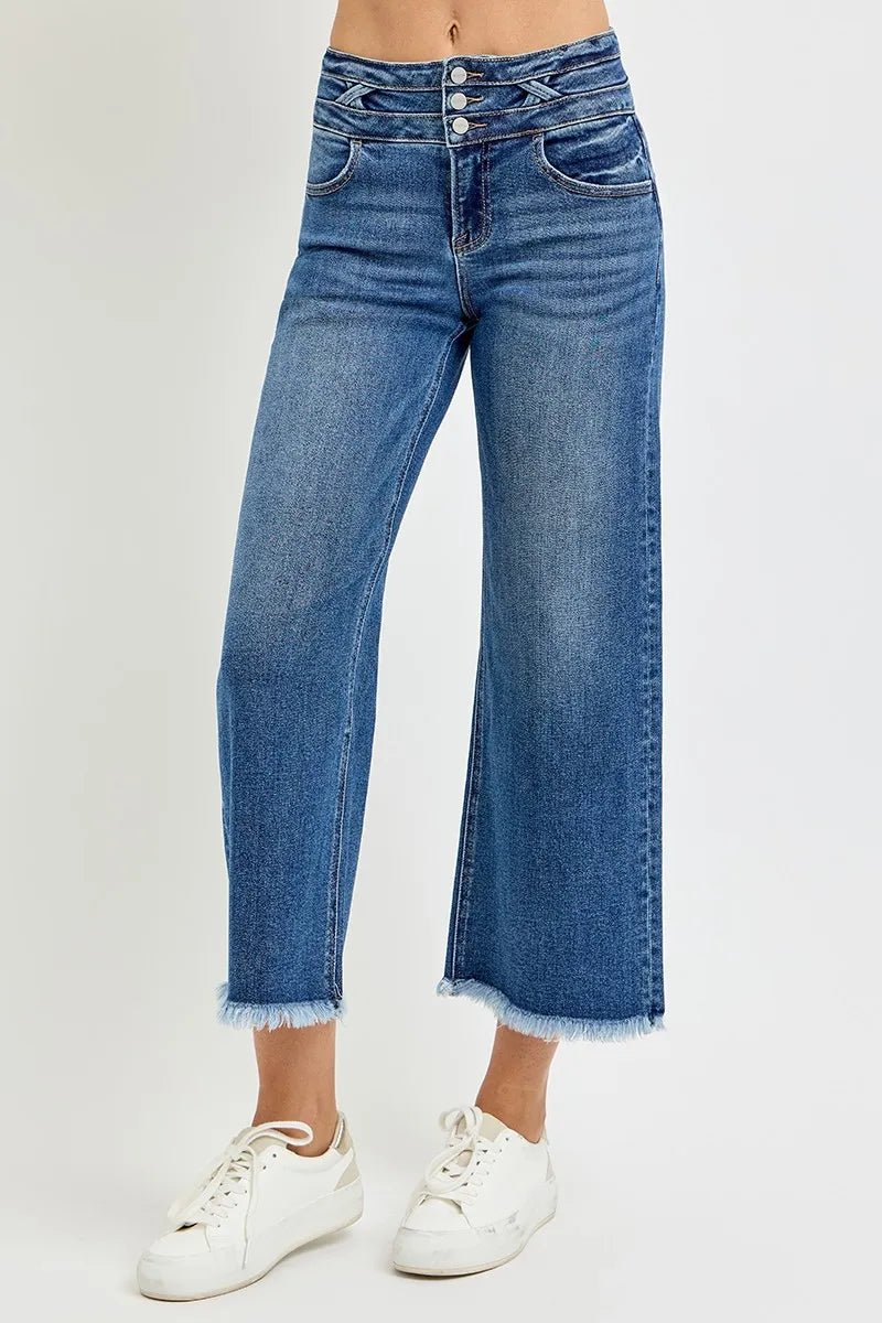 RISEN High Rise Crop Wide Leg Jeans with Wide Band Detail - Blu Lotus Boutique