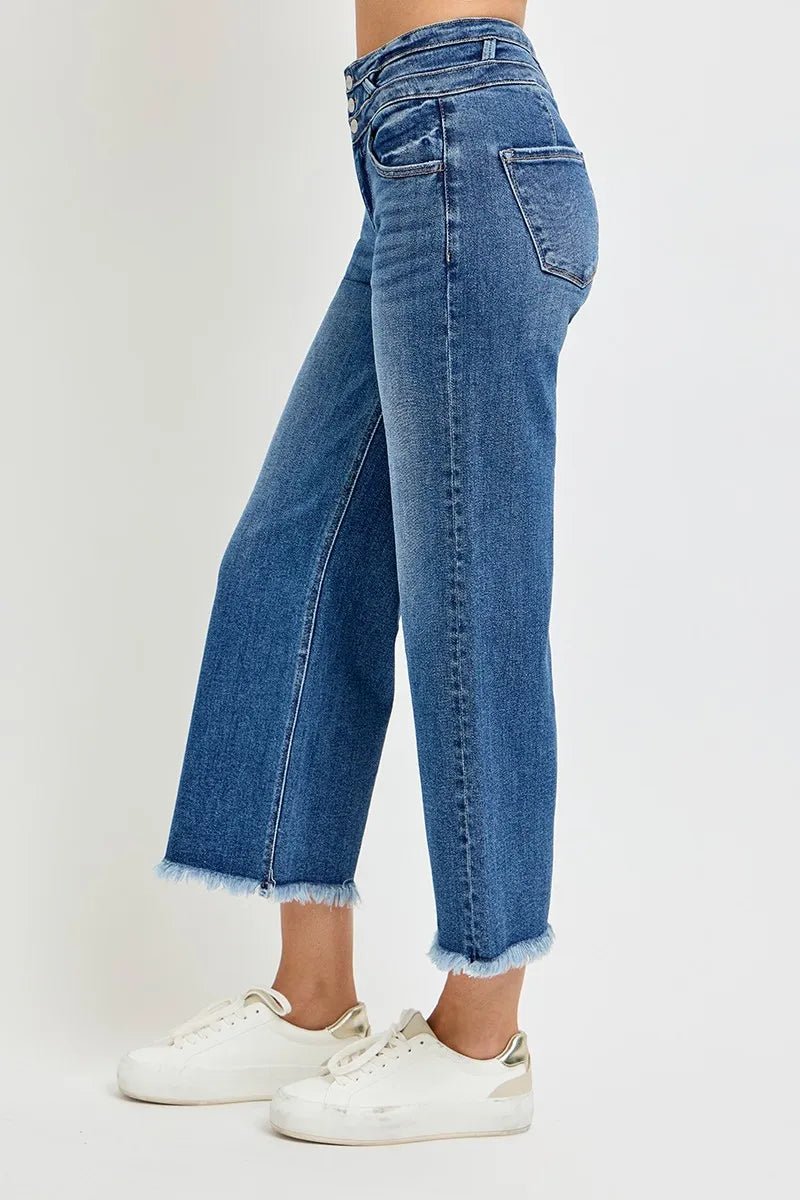 RISEN High Rise Crop Wide Leg Jeans with Wide Band Detail - Blu Lotus Boutique
