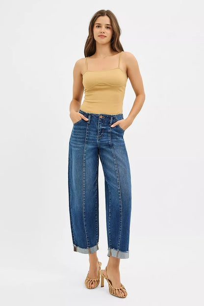 RISEN High Rise Fit Barrel Cuffed Jeans - Blu Lotus Boutique