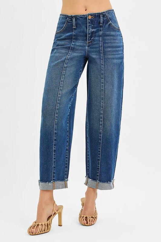 RISEN High Rise Fit Barrel Cuffed Jeans - Blu Lotus Boutique