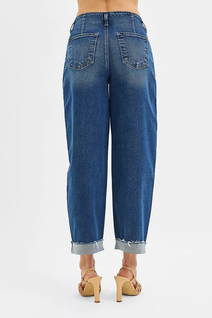 RISEN High Rise Fit Barrel Cuffed Jeans - Blu Lotus Boutique