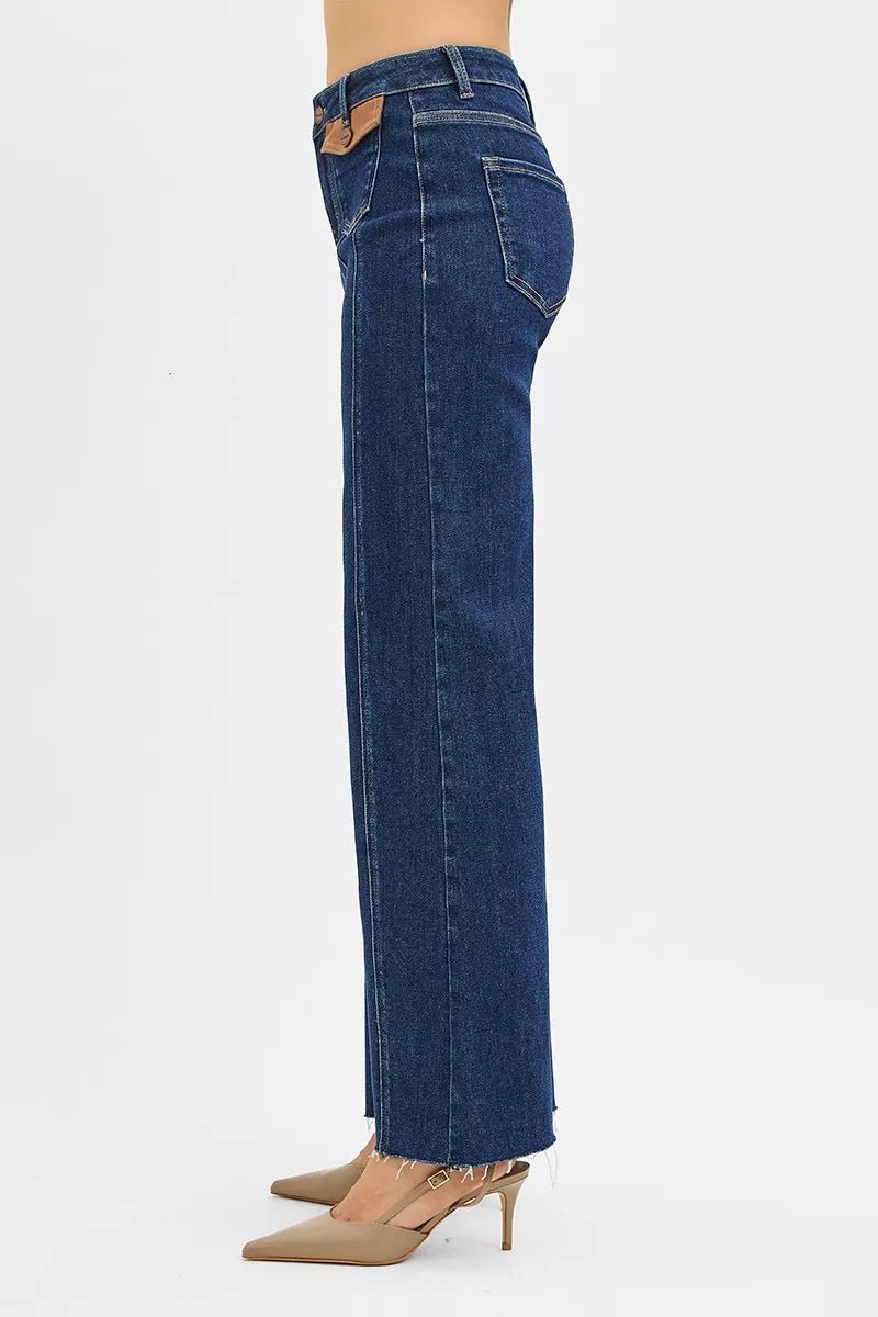 RISEN High Rise Wide Flare Jeans with Front Leather Pocket Detail - Blu Lotus Boutique