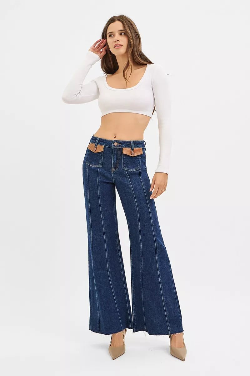 RISEN High Rise Wide Flare Jeans with Front Leather Pocket Detail - Blu Lotus Boutique