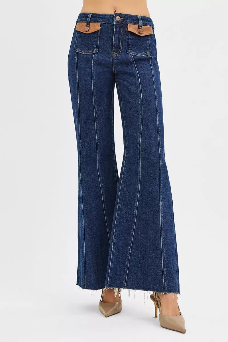 RISEN High Rise Wide Flare Jeans with Front Leather Pocket Detail - Blu Lotus Boutique