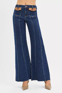 RISEN High Rise Wide Flare Jeans with Front Leather Pocket Detail - Blu Lotus Boutique