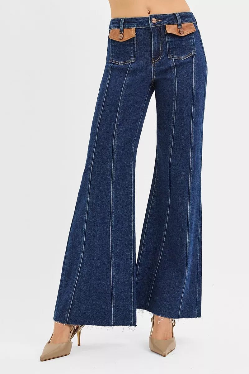RISEN High Rise Wide Flare Jeans with Front Leather Pocket Detail - Blu Lotus Boutique