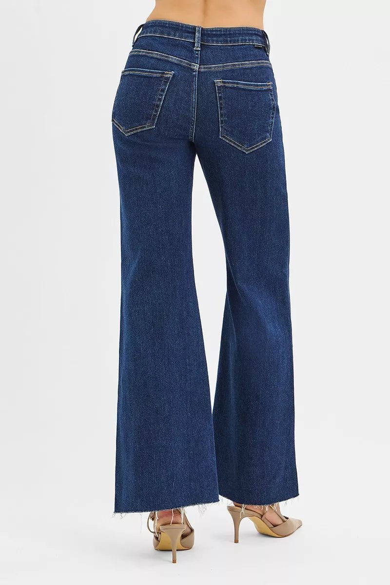 RISEN High Rise Wide Flare Jeans with Front Leather Pocket Detail - Blu Lotus Boutique