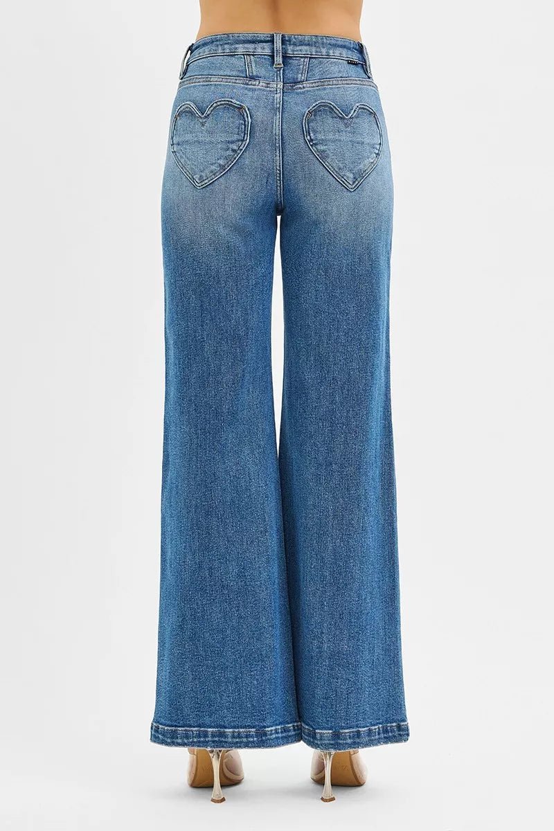 RISEN High Rise Wide Leg Jenas with Front Yoke and Heart Back Pocket - Blu Lotus Boutique