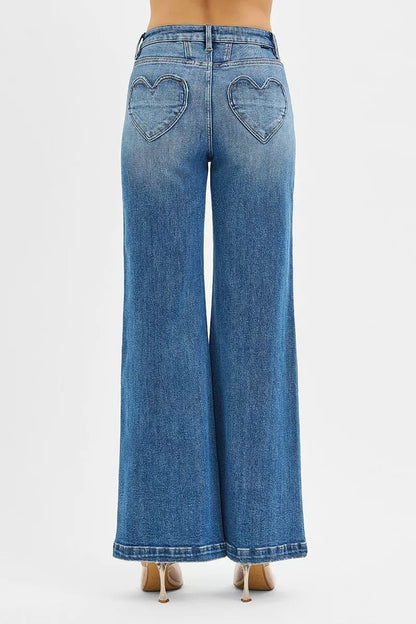 RISEN High Rise Wide Leg Jenas with Front Yoke and Heart Back Pocket - Blu Lotus Boutique