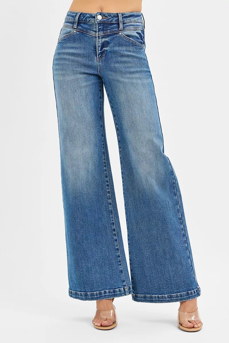 RISEN High Rise Wide Leg Jenas with Front Yoke and Heart Back Pocket - Blu Lotus Boutique