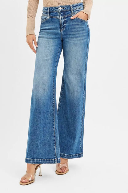 RISEN High Rise Wide Leg Jenas with Front Yoke and Heart Back Pocket - Blu Lotus Boutique