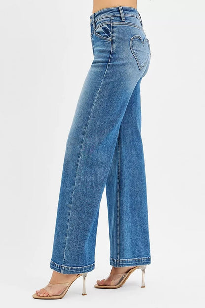 RISEN High Rise Wide Leg Jenas with Front Yoke and Heart Back Pocket - Blu Lotus Boutique