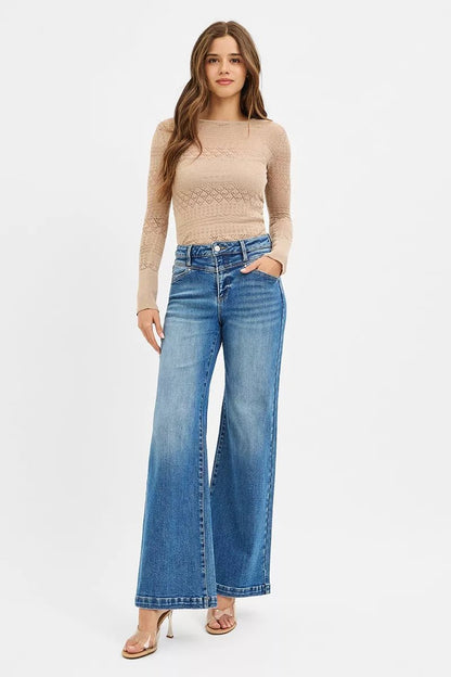 RISEN High Rise Wide Leg Jenas with Front Yoke and Heart Back Pocket - Blu Lotus Boutique