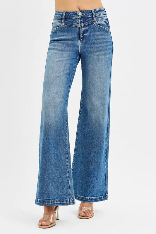 RISEN High Rise Wide Leg Jenas with Front Yoke and Heart Back Pocket - Blu Lotus Boutique