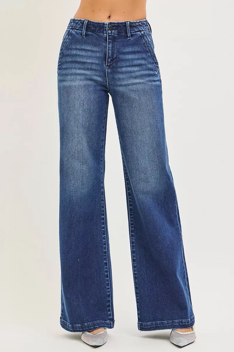 RISEN High Rise Wide Leg Slanted Pocket Jeans - Blu Lotus Boutique
