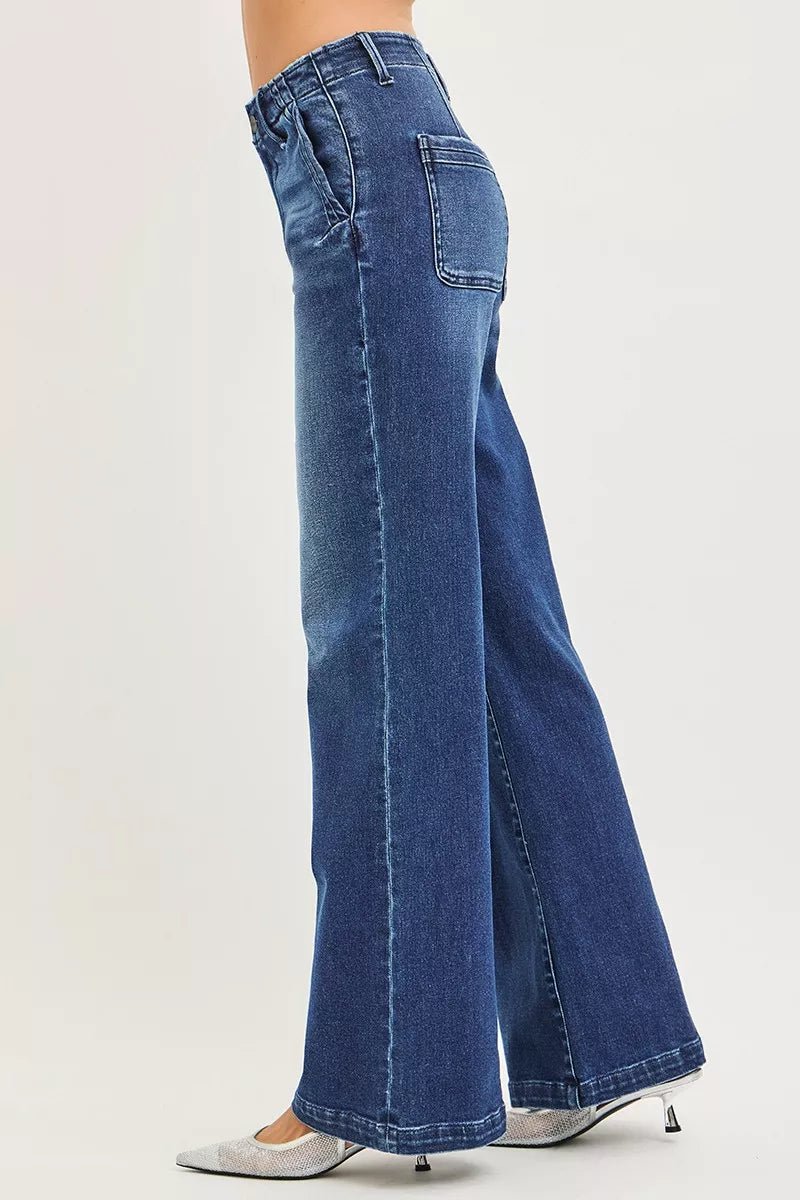 RISEN High Rise Wide Leg Slanted Pocket Jeans - Blu Lotus Boutique
