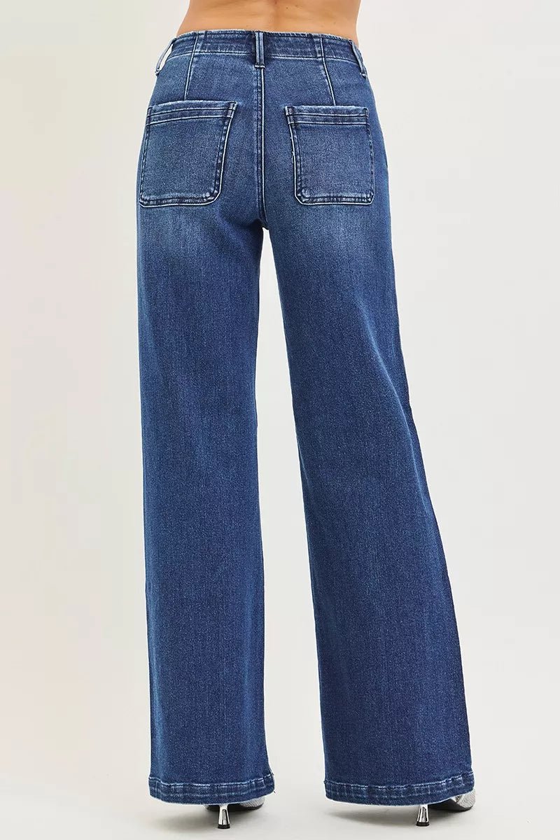 RISEN High Rise Wide Leg Slanted Pocket Jeans - Blu Lotus Boutique