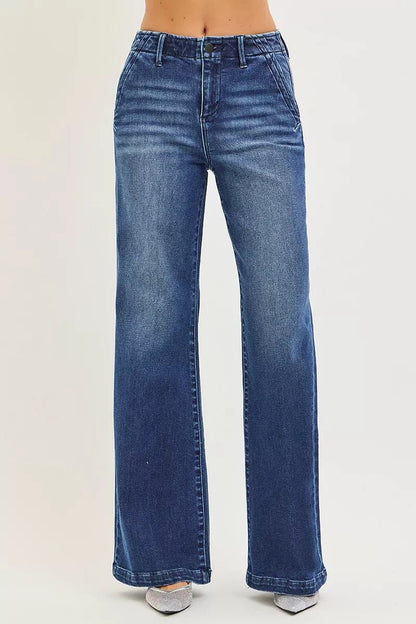 RISEN High Rise Wide Leg Slanted Pocket Jeans - Blu Lotus Boutique