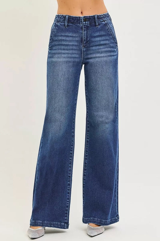RISEN High Rise Wide Leg Slanted Pocket Jeans - Blu Lotus Boutique