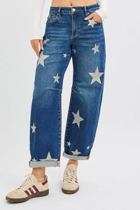RISEN Mid Rise Ankle Length Relaxed Barrel Star Printed Jeans - Blu Lotus Boutique