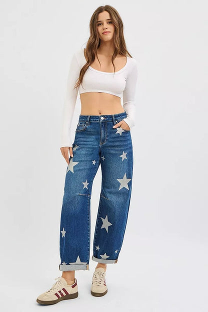 RISEN Mid Rise Ankle Length Relaxed Barrel Star Printed Jeans - Blu Lotus Boutique