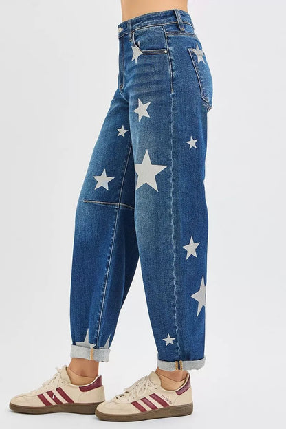 RISEN Mid Rise Ankle Length Relaxed Barrel Star Printed Jeans - Blu Lotus Boutique