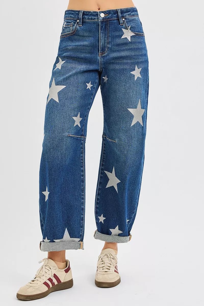 RISEN Mid Rise Ankle Length Relaxed Barrel Star Printed Jeans - Blu Lotus Boutique