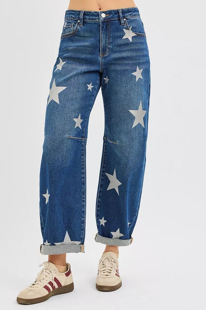 RISEN Mid Rise Ankle Length Relaxed Barrel Star Printed Jeans - Blu Lotus Boutique