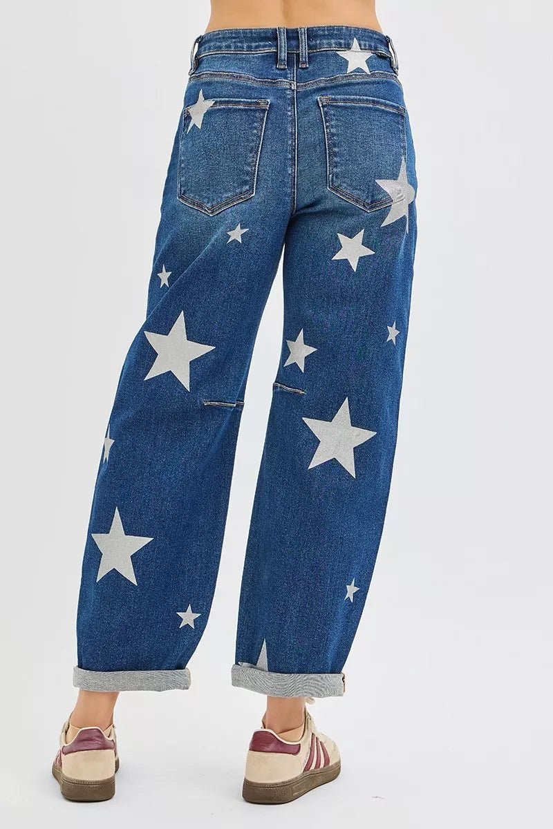 RISEN Mid Rise Ankle Length Relaxed Barrel Star Printed Jeans - Blu Lotus Boutique