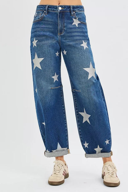 RISEN Mid Rise Ankle Length Relaxed Barrel Star Printed Jeans - Blu Lotus Boutique