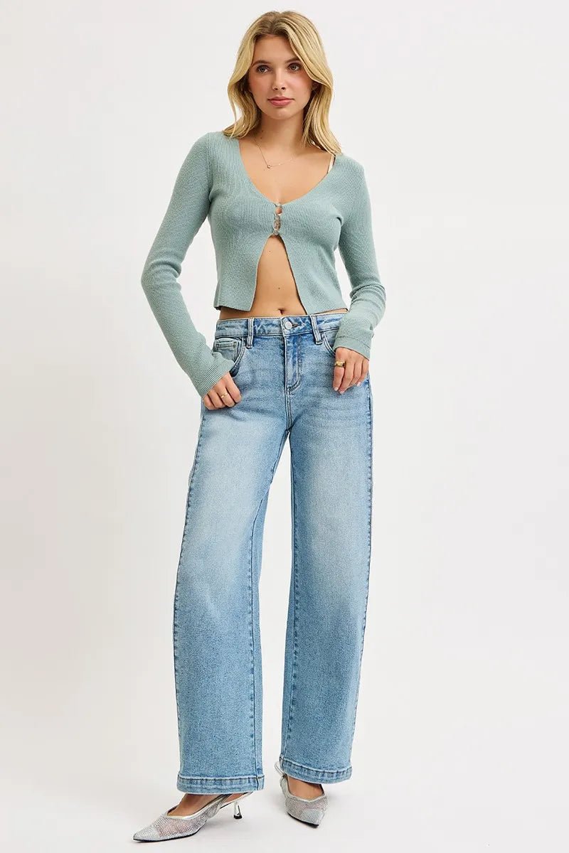 RISEN Mid Rise Wide Barrel Transferable Leg Snap Jeans - Blu Lotus Boutique