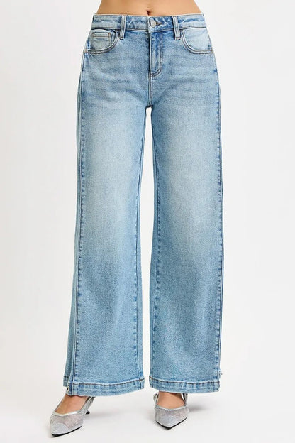 RISEN Mid Rise Wide Barrel Transferable Leg Snap Jeans - Blu Lotus Boutique