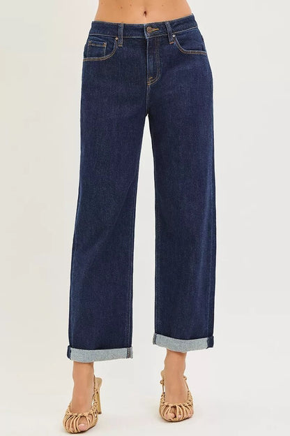 RISEN Slouchy Cropped Boyfriend Jeans With Cuffed Hem - Blu Lotus Boutique