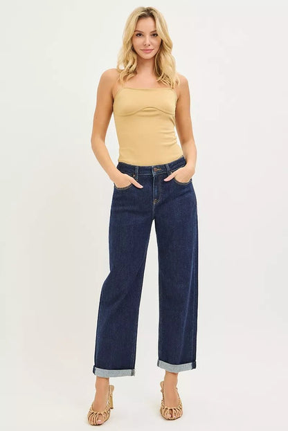 RISEN Slouchy Cropped Boyfriend Jeans With Cuffed Hem - Blu Lotus Boutique