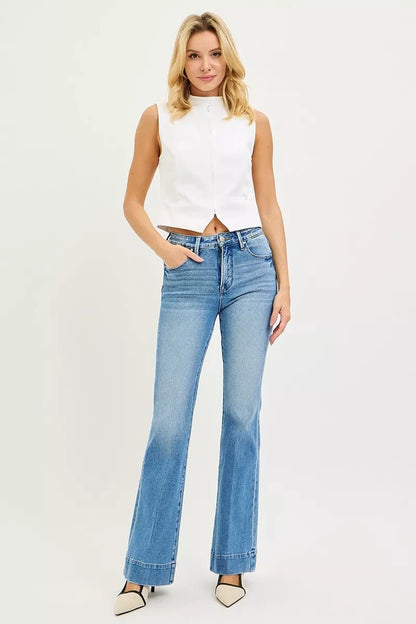 RISEN Tummy Control 4 Way Stretch Mid Rise Flare Jeans - Blu Lotus Boutique