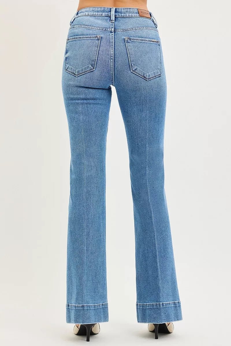 RISEN Tummy Control 4 Way Stretch Mid Rise Flare Jeans - Blu Lotus Boutique