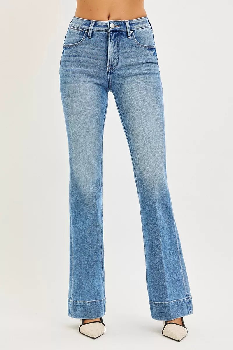 RISEN Tummy Control 4 Way Stretch Mid Rise Flare Jeans - Blu Lotus Boutique