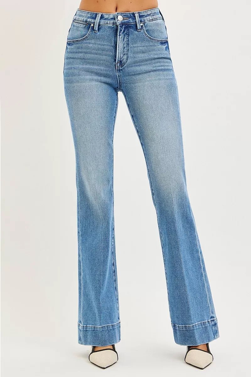 RISEN Tummy Control 4 Way Stretch Mid Rise Flare Jeans - Blu Lotus Boutique