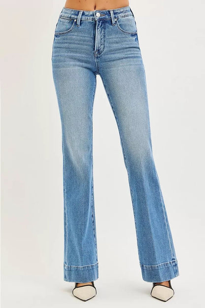 RISEN Tummy Control 4 Way Stretch Mid Rise Flare Jeans - Blu Lotus Boutique