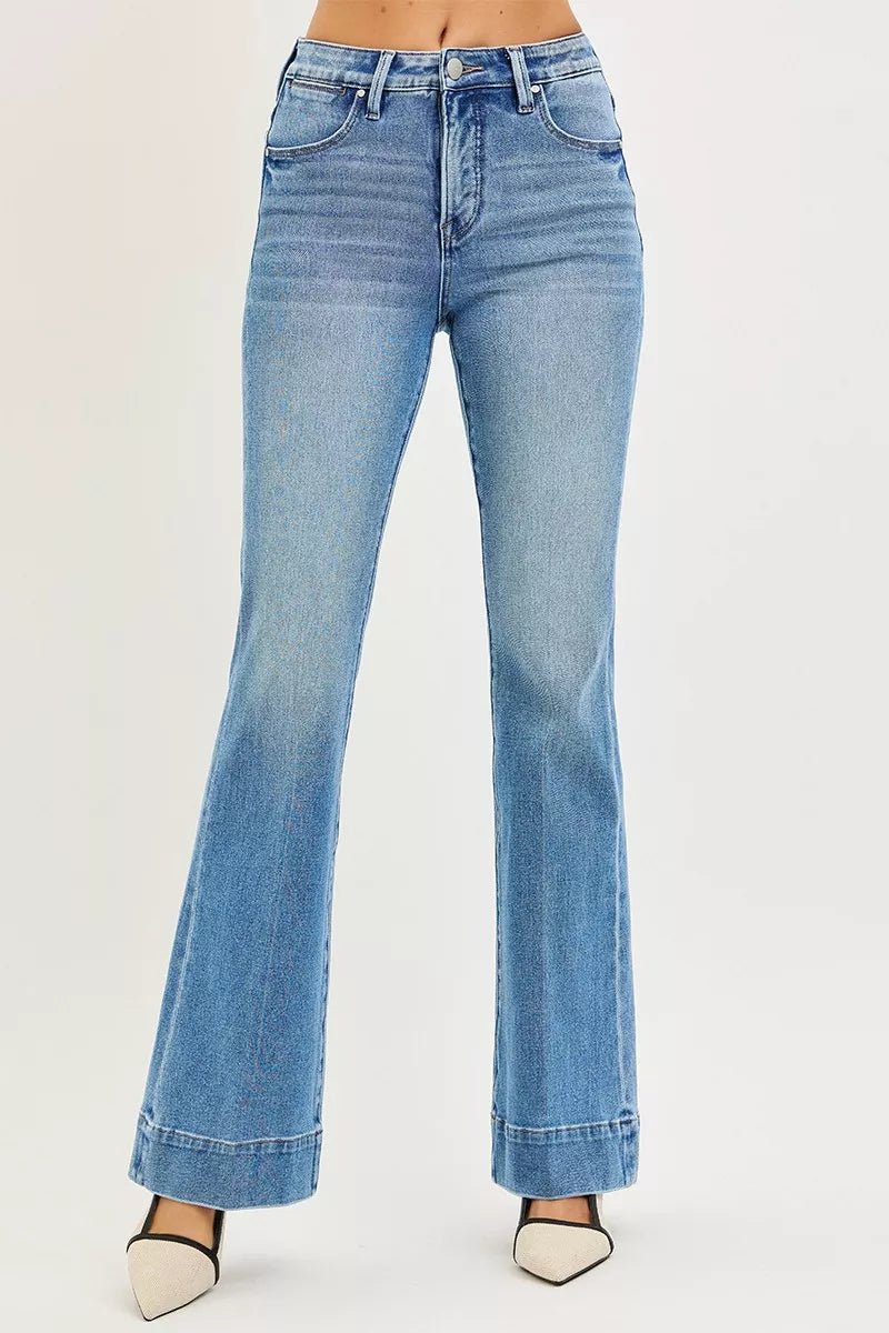 RISEN Tummy Control 4 Way Stretch Mid Rise Flare Jeans - Blu Lotus Boutique