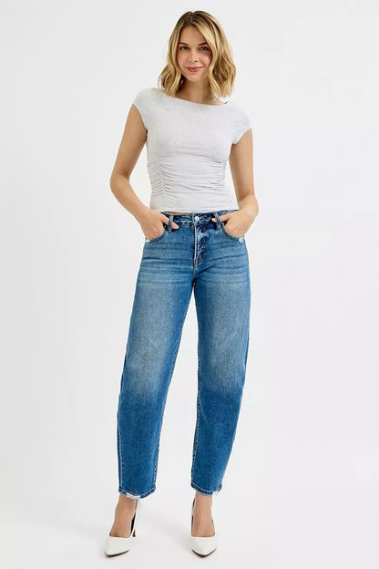 RISEN Tummy Control High Rise Ankle Slim Barrel Jeans - Blu Lotus Boutique